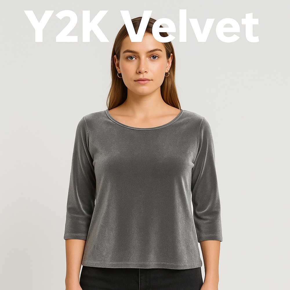 VINTAGE Silver Velvet Stretch 3/4 Sleeve Top Y2K Holiday Glam Petite L - Picture 2 of 11